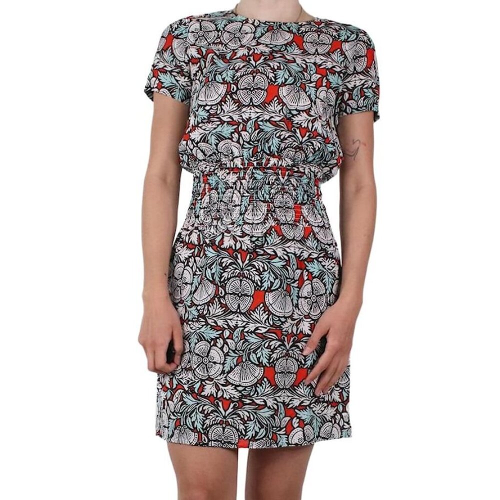 Maje Relia Smocked Waist Mini Dress Blue Red Print